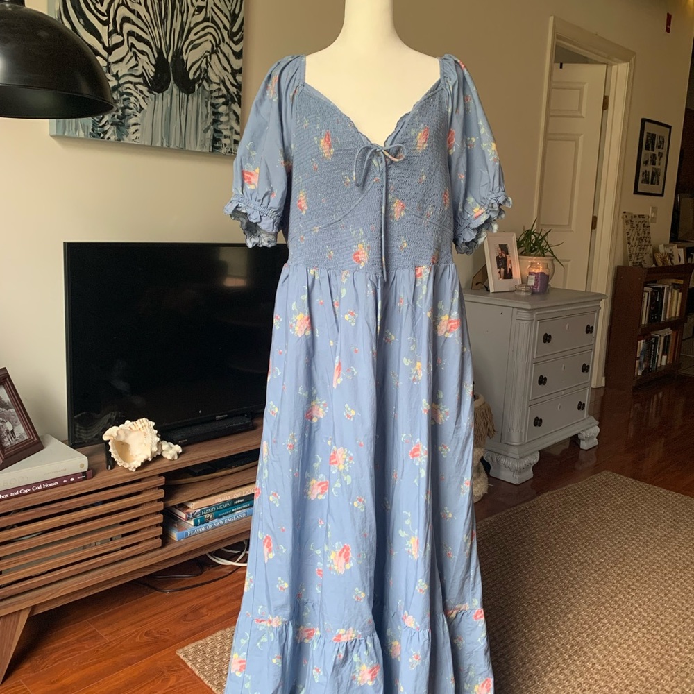 Smocked Puff Sleeve Floral Maxi Dress - Blue with Pink Floral